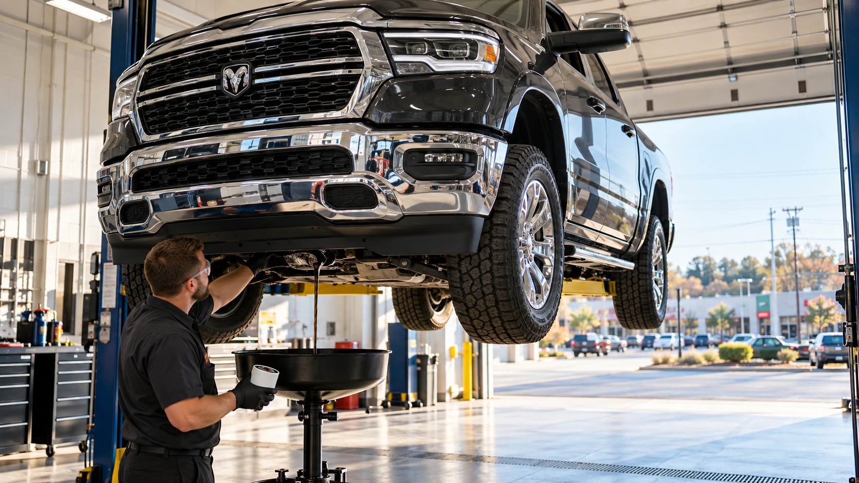 Technician performing a Ram oil change on a lifted pickup truck in a Waldorf, MD service bay